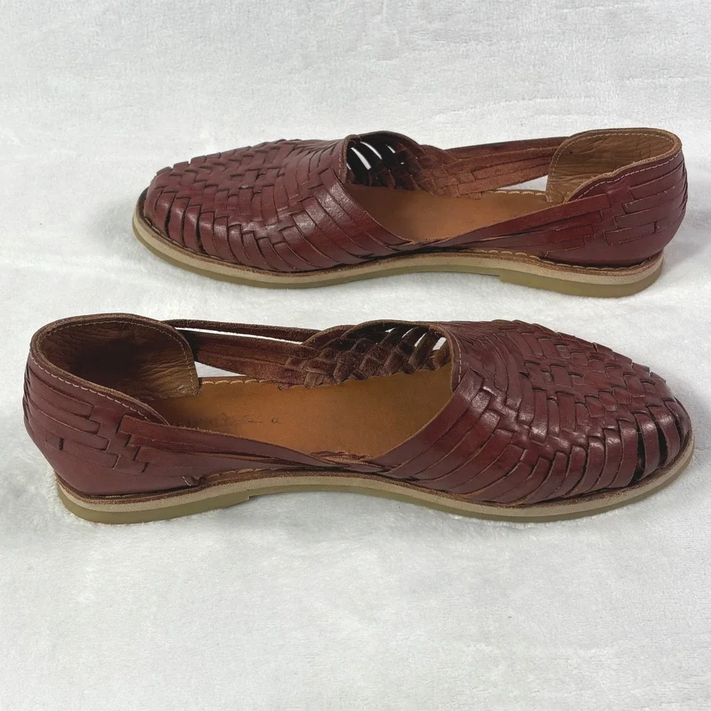Bearpaw Huaraches Woven Leather Flat Sandals Cognac Brown Women Size 9